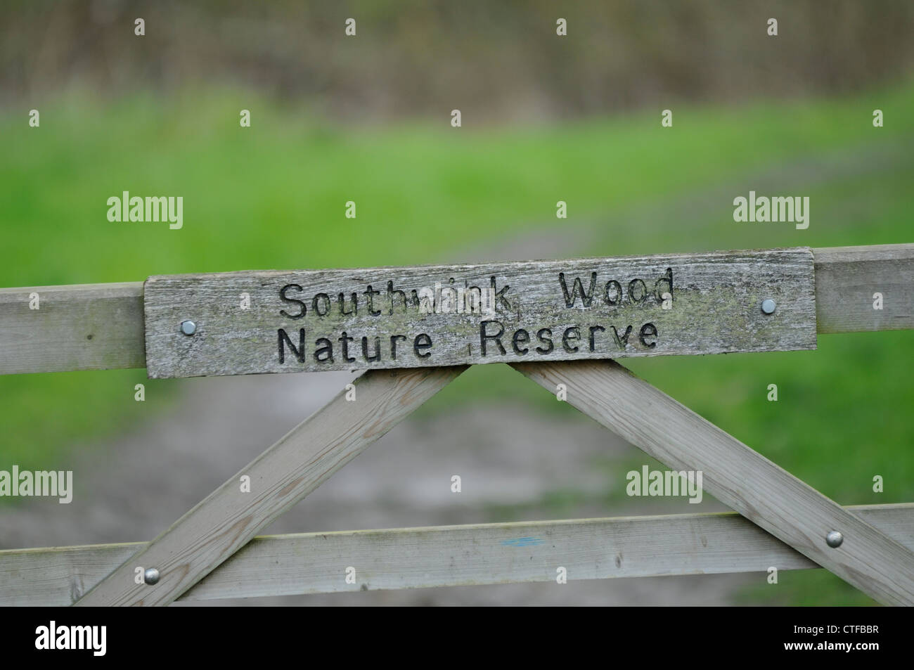 Sign on country gate for Southwick Wood Nature Reserve Stock Photo