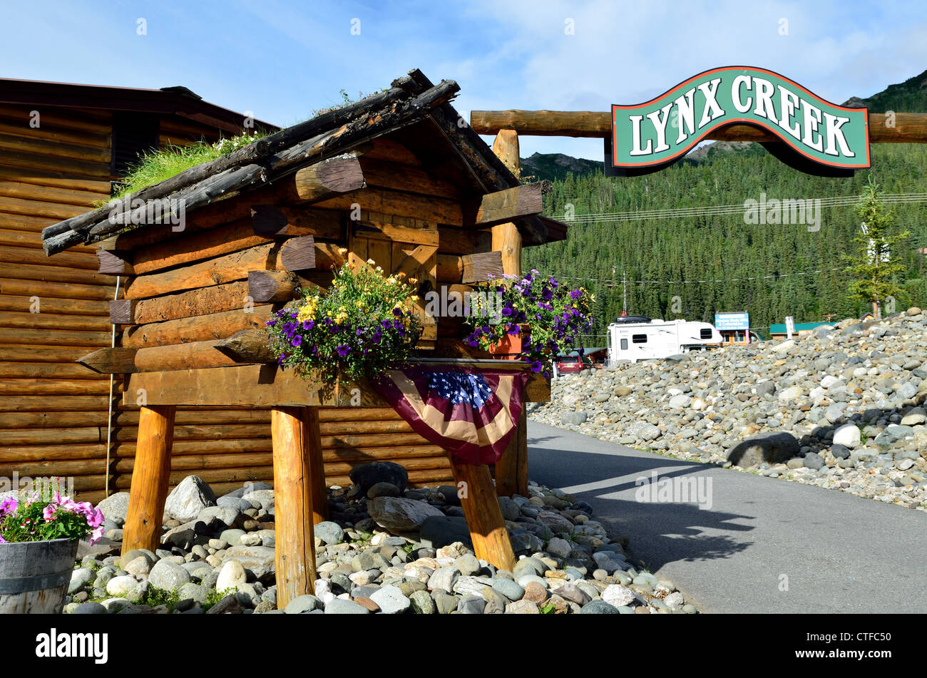 Wooden storage unit to keep food from bears. Alaska, USA Stock Photo