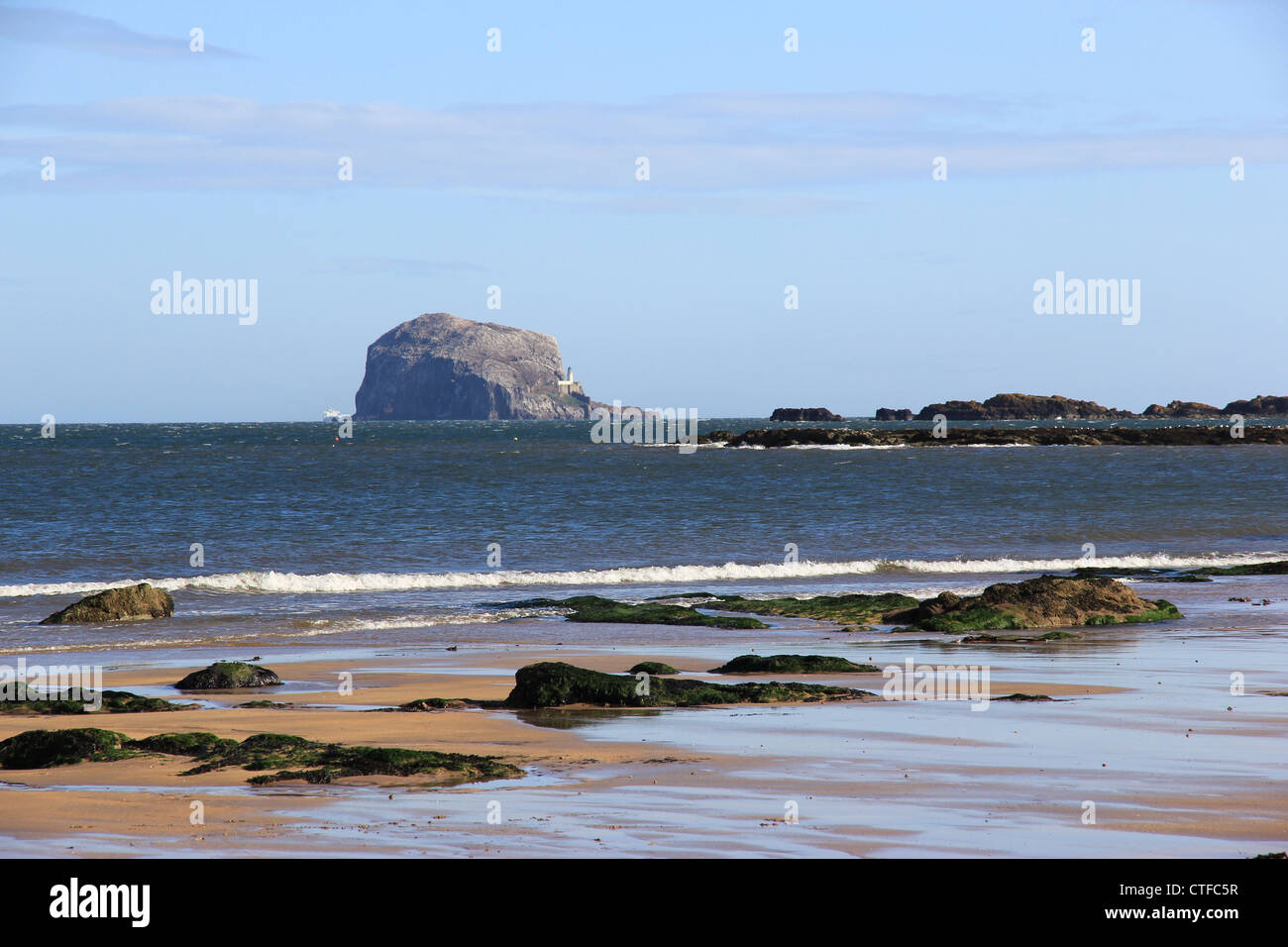 View of the beach, tide out, at North Berwick looking onto the Bass Rock Stock Photo