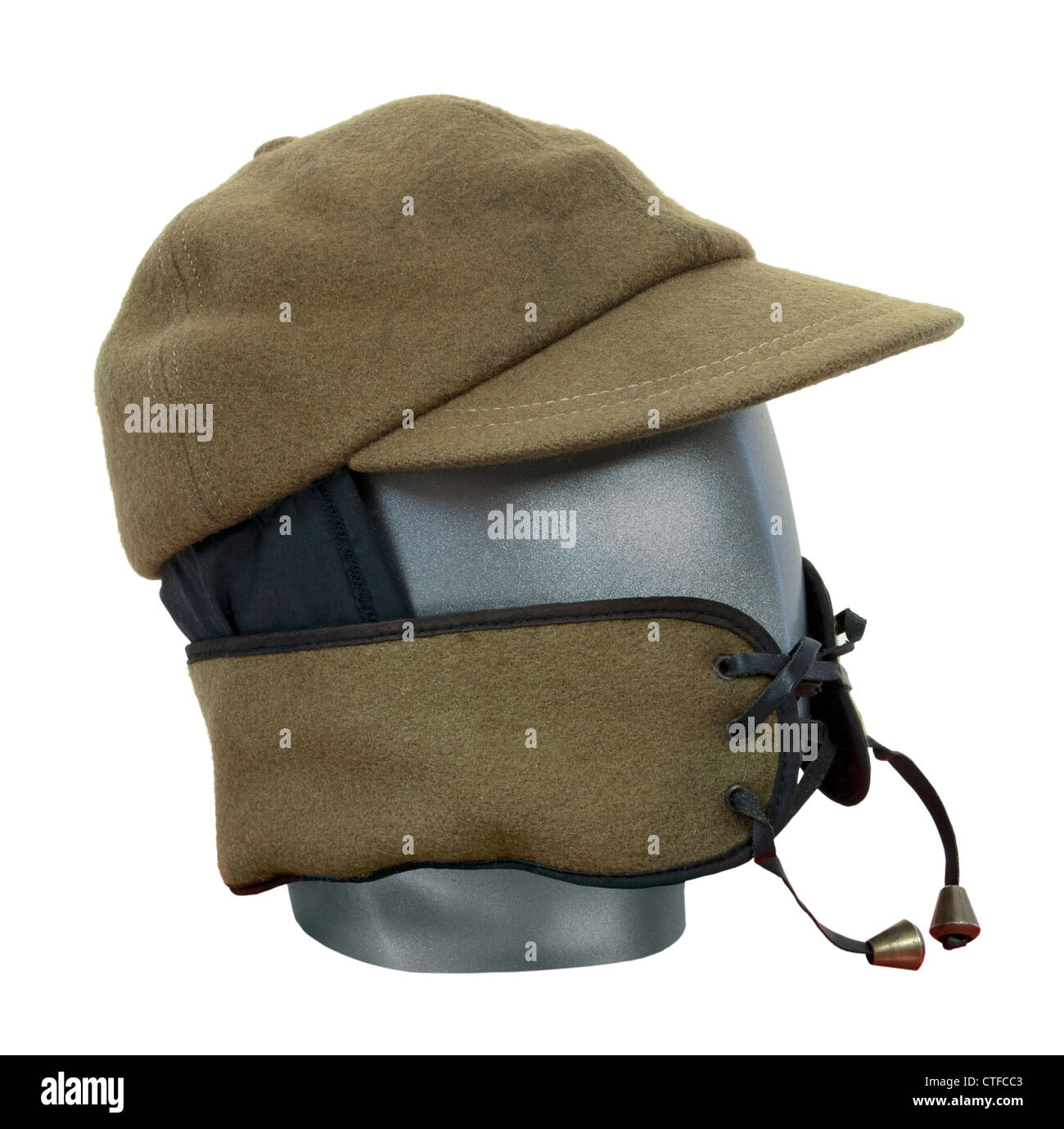 Green military wool hat with face guard - path included Stock Photo