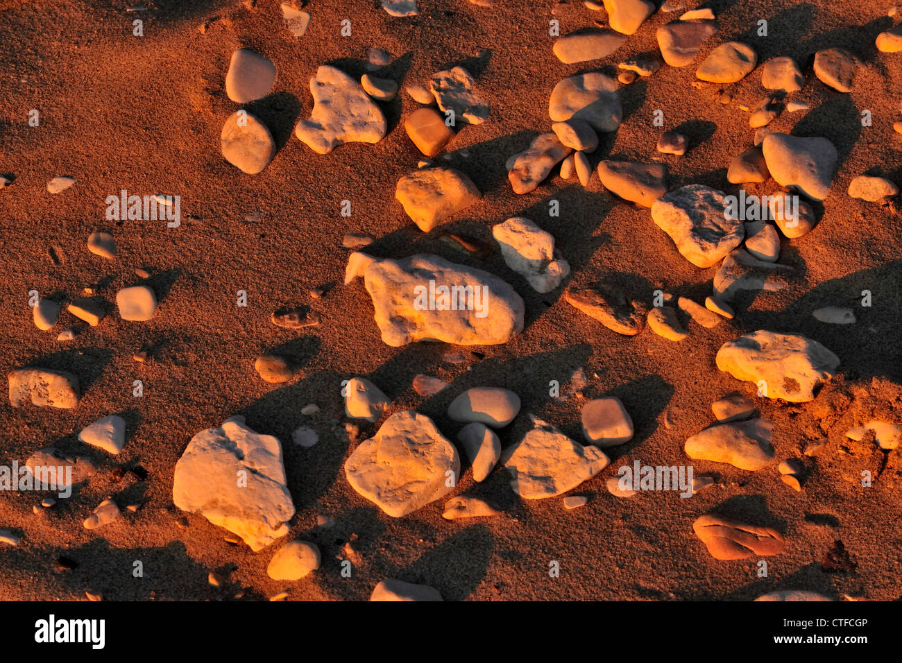 Beach pebbles at dawn Lake Winnipeg shoreline, Matlock, Manitoba, Canada Stock Photo