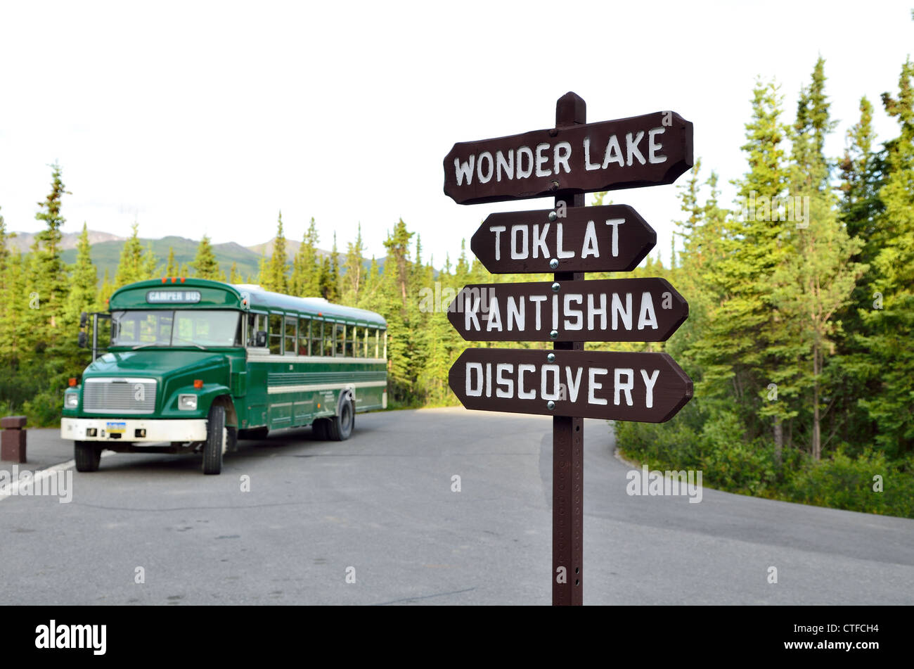 Signs indicating shuttle bus routes. Denali National Park and Wildness Preserve. Alaska, USA. Stock Photo