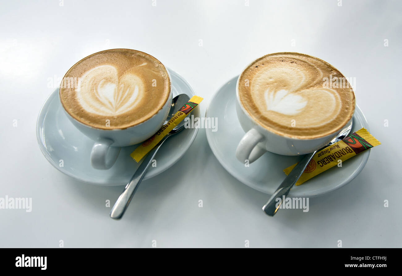 Two skinny flat white coffees Stock Photo