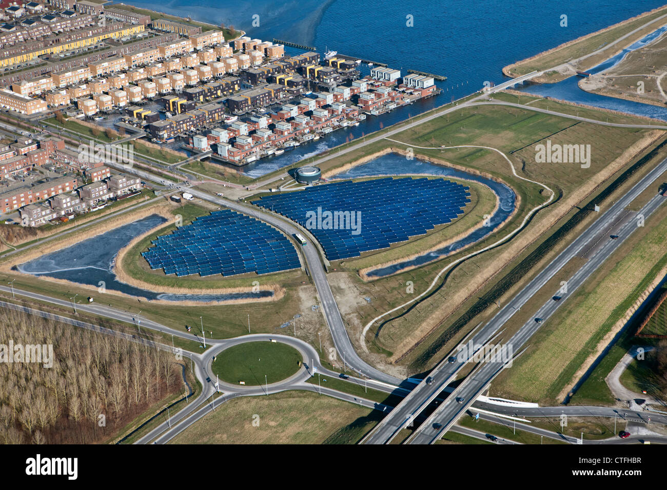 The Netherlands, Almere, NUON Solar island. Solar panels. Aerial. Stock Photo