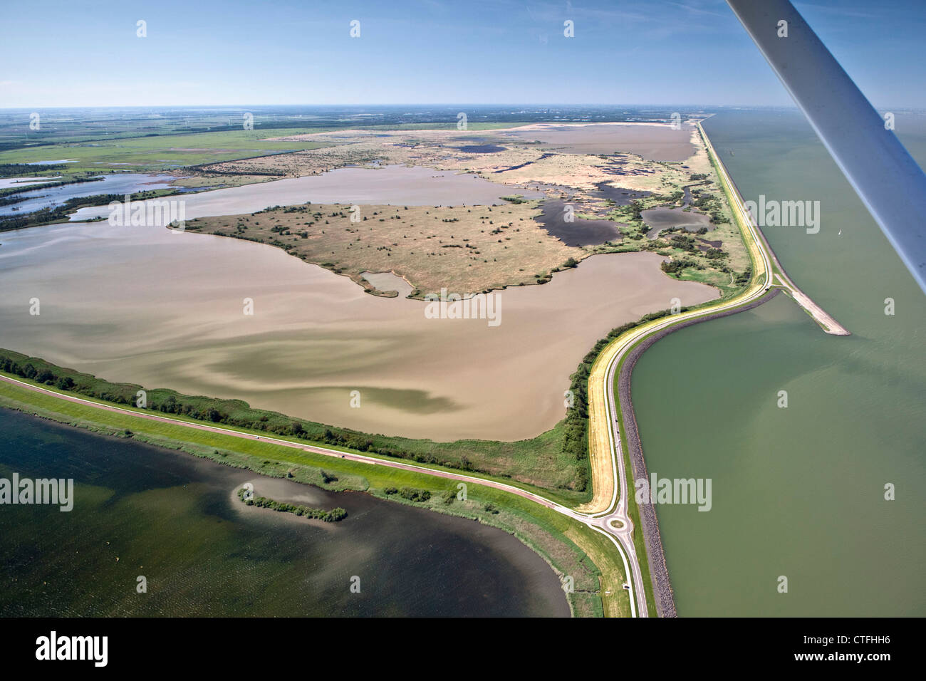 The Netherlands, Lelystad. National Park called Oostvaardersplassen. Aerial. Wetlands. Stock Photo
