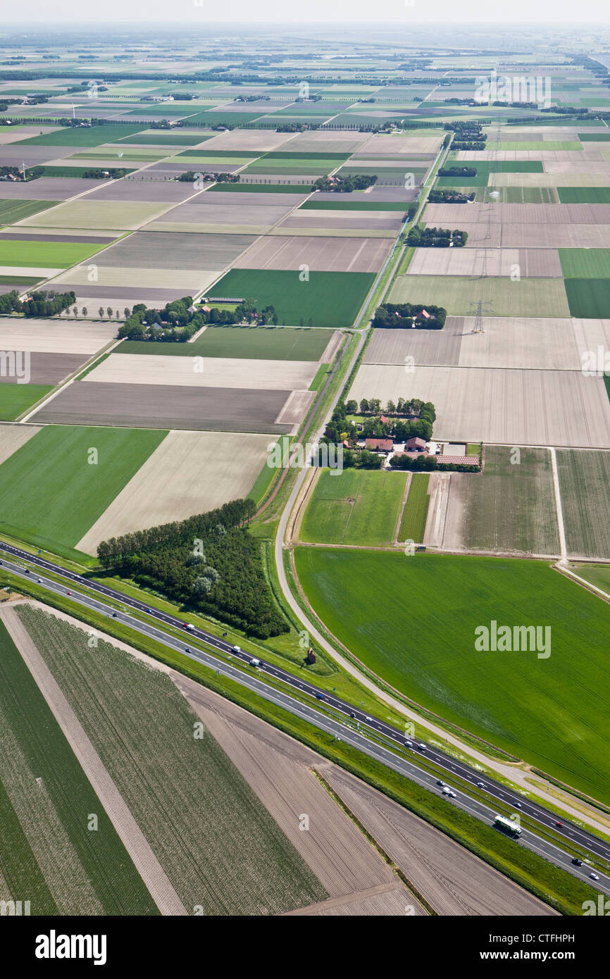 The Netherlands, Nagele, Farms and farmland in Flevopolder. Aerial. Stock Photo