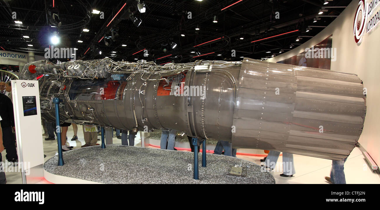 Jet engine Saturn AL-41F1 for fifth generation jet fighter Sukhoi PAK FA (The international aerospace salon MAKS-2011 Stock Photo