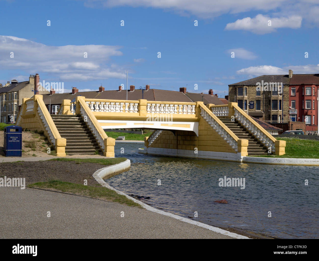 Bridge to an island in Redcar model boating pool built in the 1930's to make work in the great depression refurbished 2012 Stock Photo