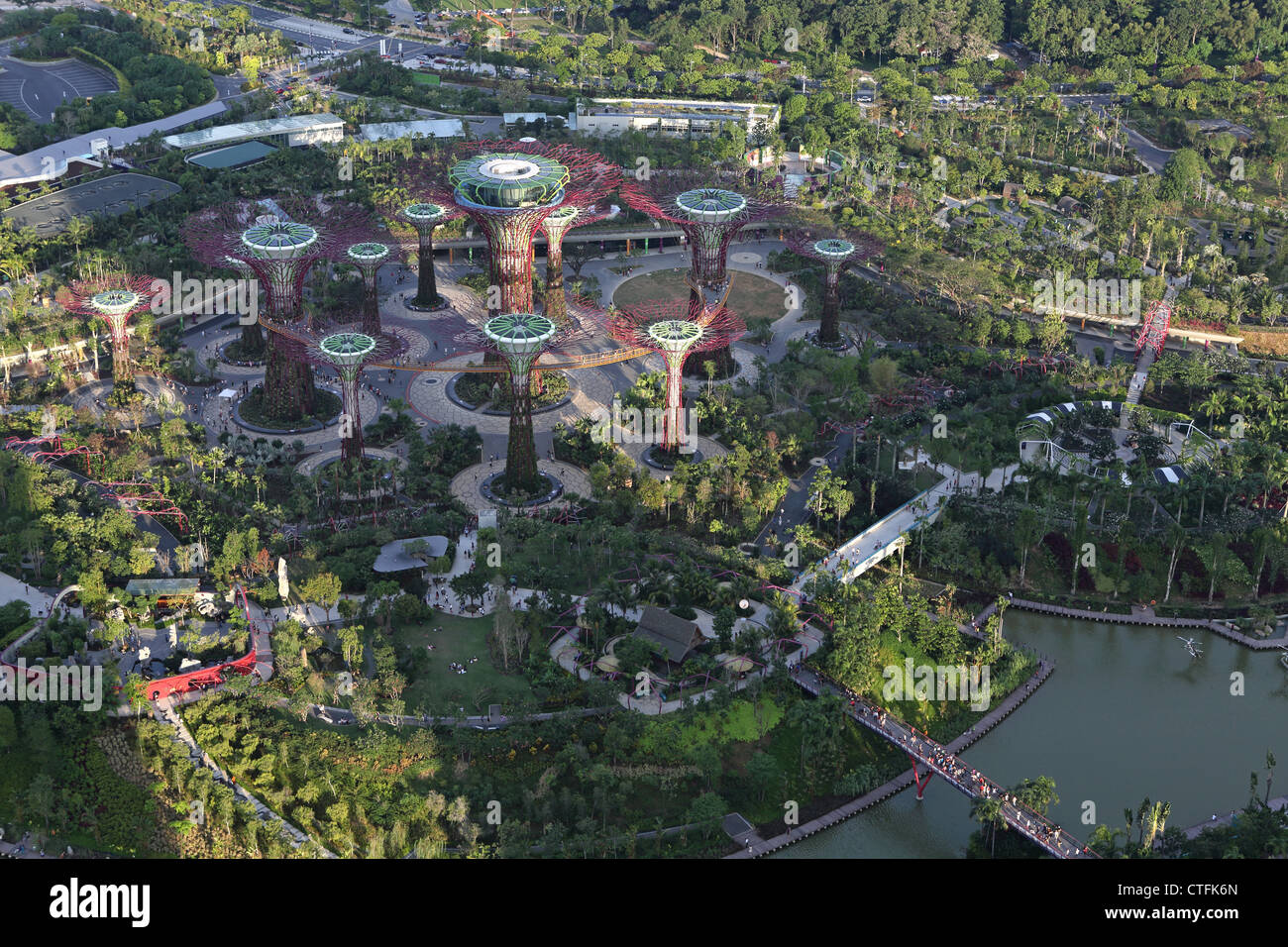 Aerial view of Supertree Grove at Gardens By The Bay in Singapore. Stock Photo