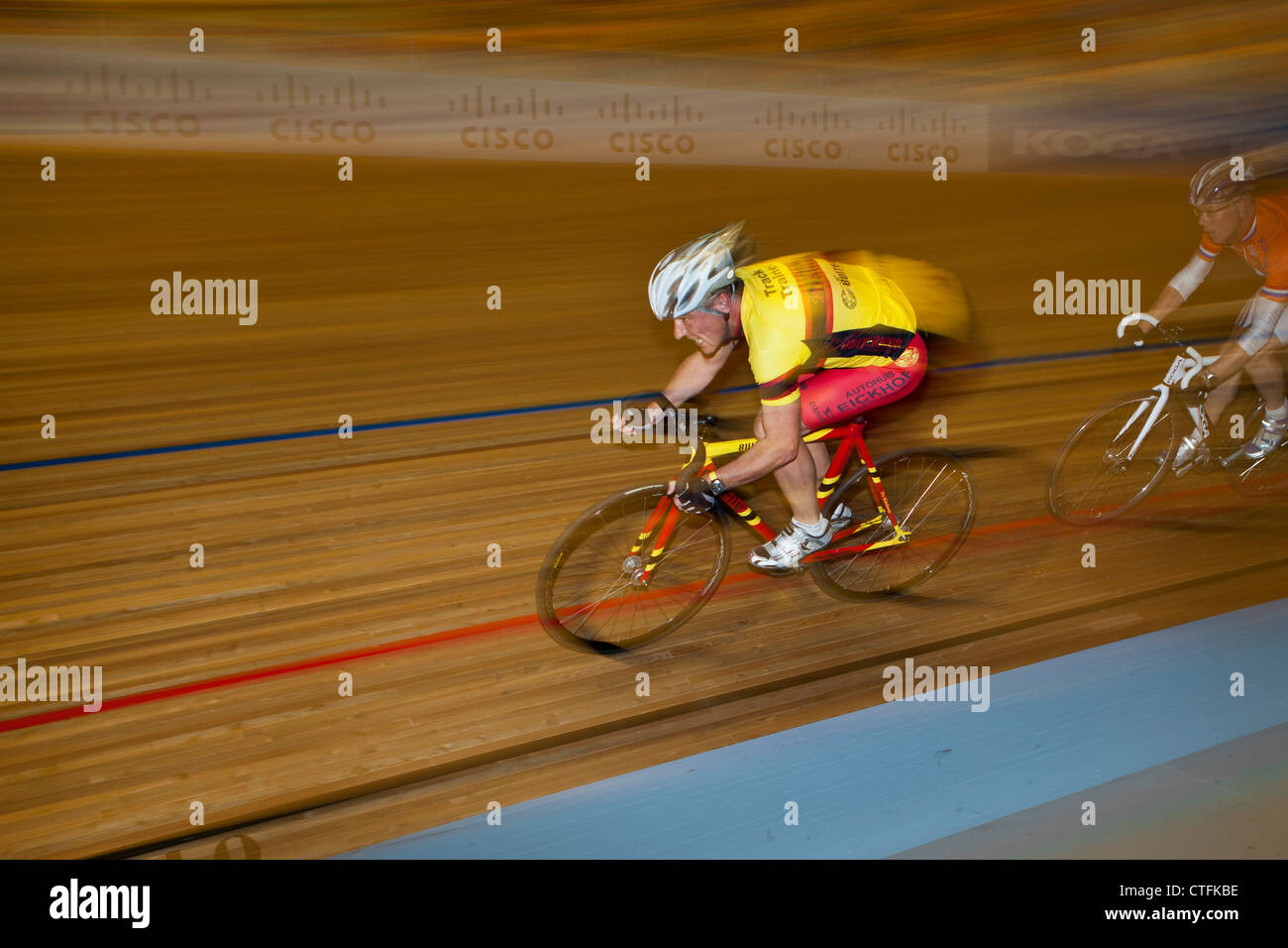 The Netherlands, Apeldoorn, Cycle stadium called Omnisport. Young people training. Stock Photo
