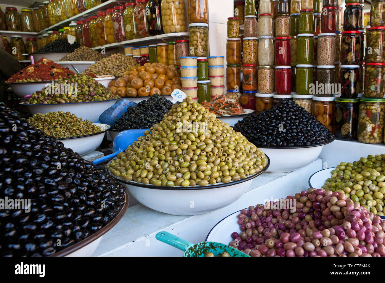 Morocco, Marrakech Medina, market, souq or souk, Olives. Stock Photo