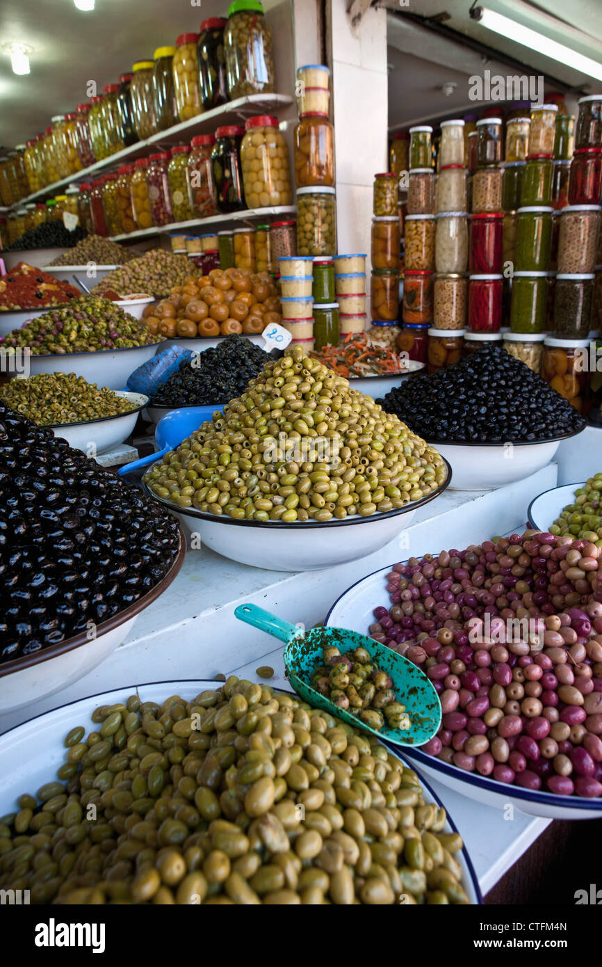 Morocco, Marrakech Medina, market, souq or souk. Olives. Stock Photo