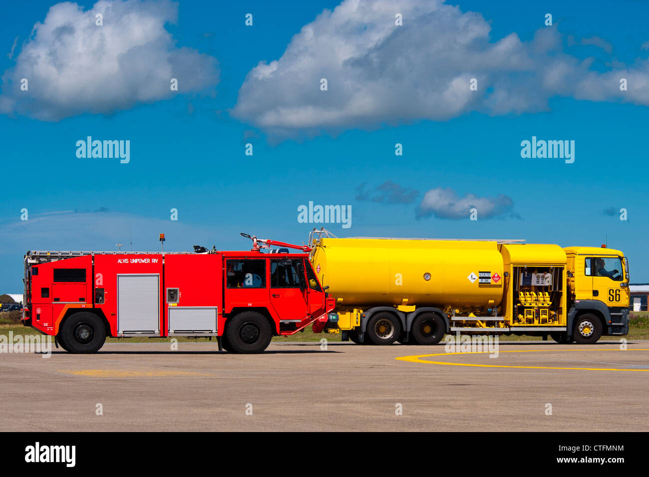 Fire Engine and Fuel tanker at Raf Valley Anglesey North Wales Uk. Stock Photo