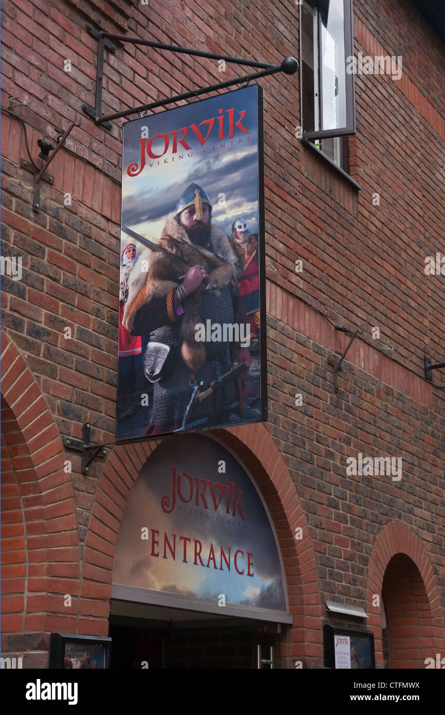 Signs over entrance to Jorvik Centre, York Stock Photo