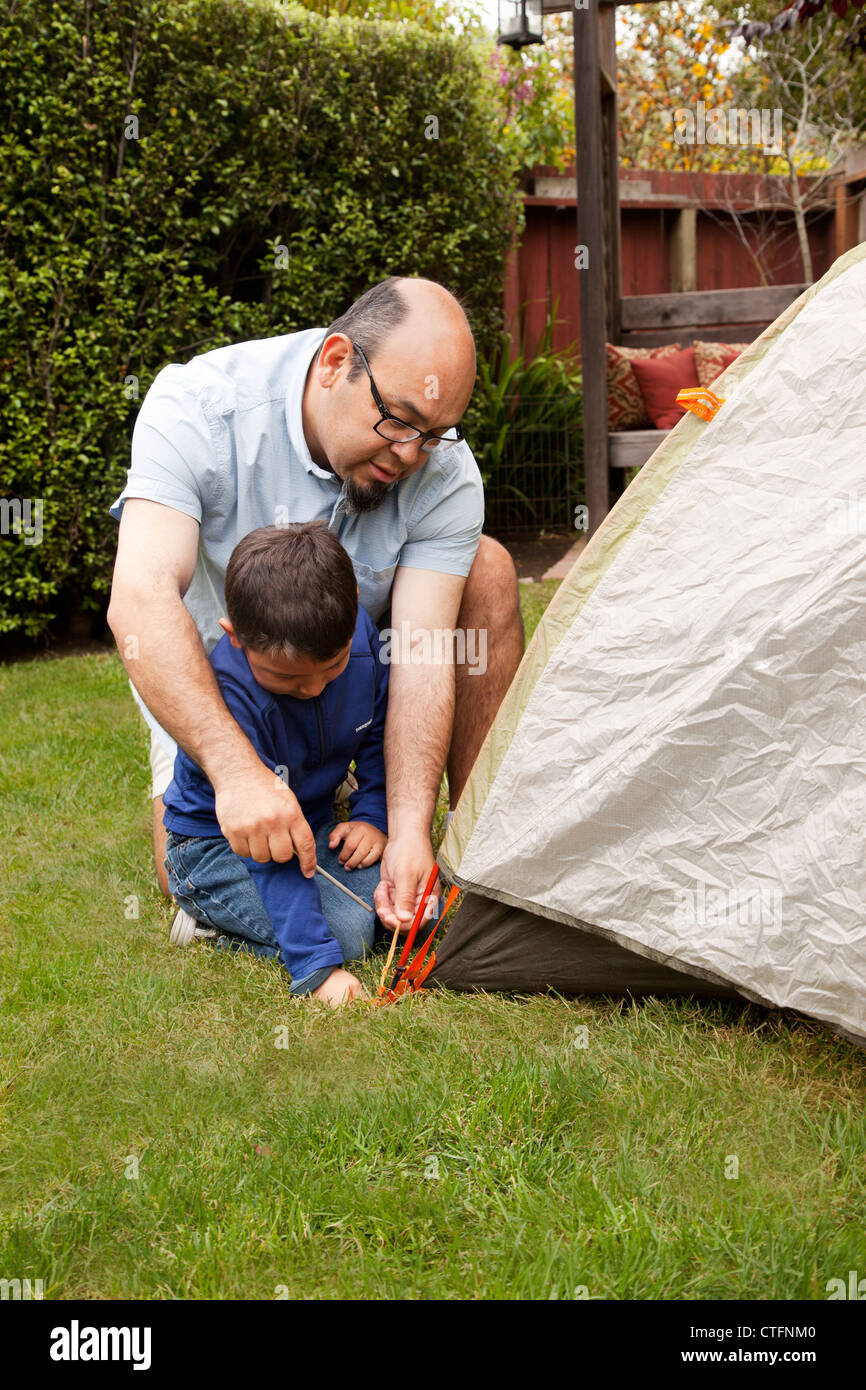 Father and son putting up a tent in the backyard Stock Photo - Alamy