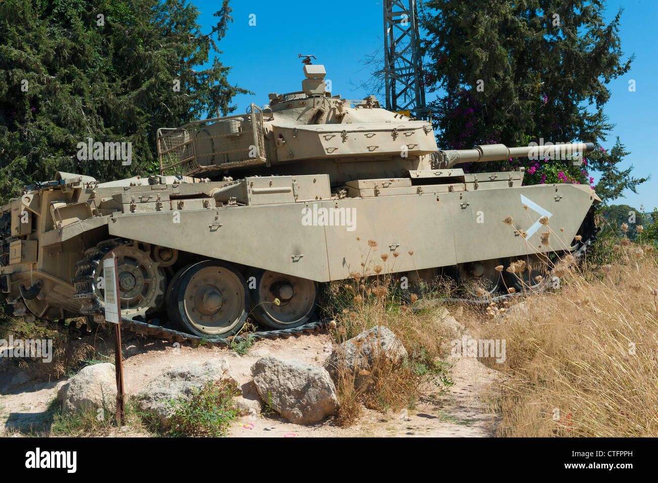 A solitary Israeli Merkava tank at the entrance to 'Yad La Shiryon' memorial and museum in Israel. Stock Photo
