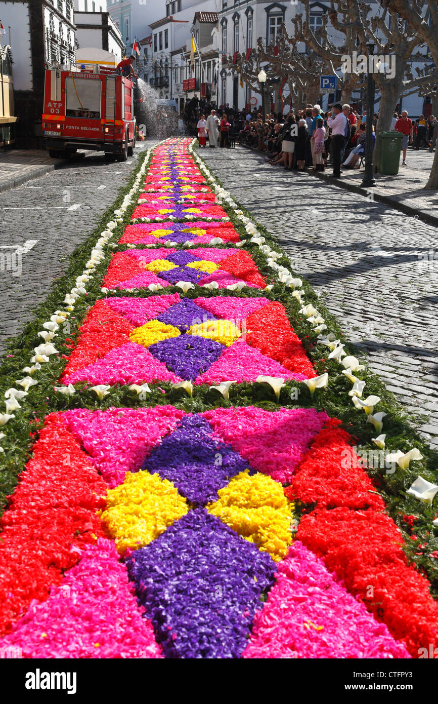 Flower carpets made from artificially colored wood shavings. Sao Miguel, Azores islands, Portugal Stock Photo