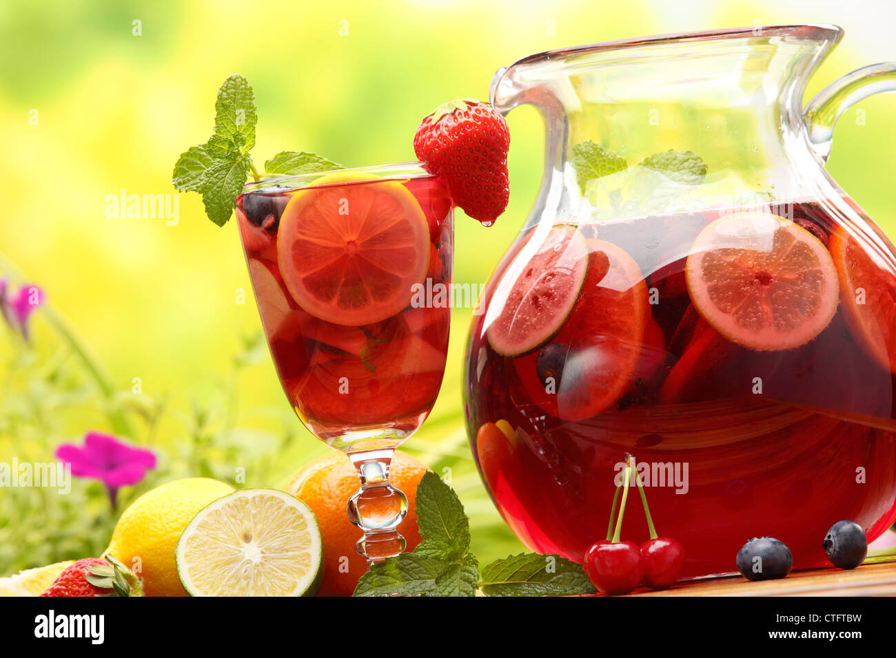 Refreshing sangria (punch) with fruits,Closeup. Stock Photo