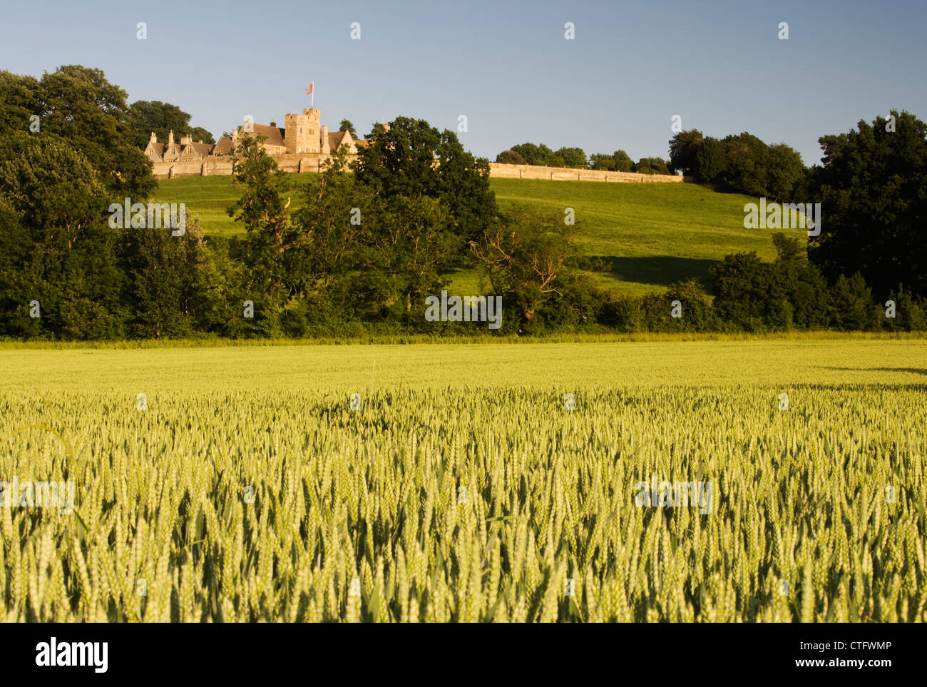 View of the back of Rockingham Castle from across the fields, Corby, Northamptonshire, UK Stock Photo