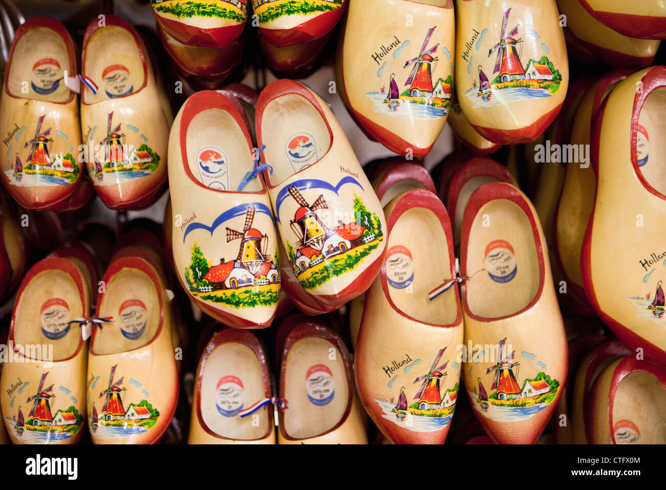 The Netherlands, Volendam, Souvenir shop. Painted wooden clogs. Stock Photo