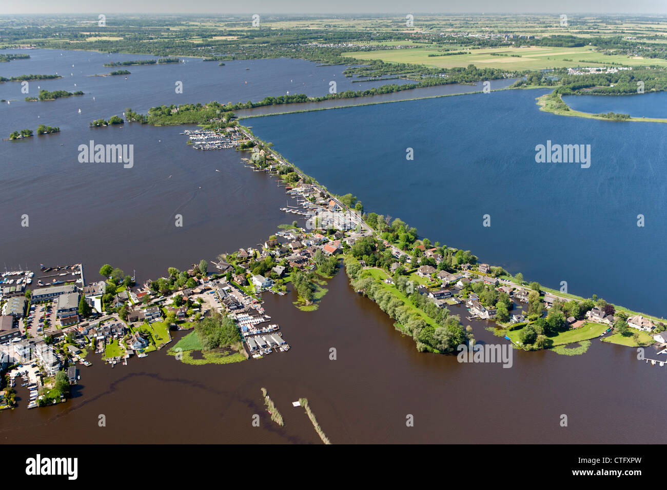 The Netherlands, Loosdrecht, Aerial. Houses near lake called Loosdrecht lakes. Stock Photo