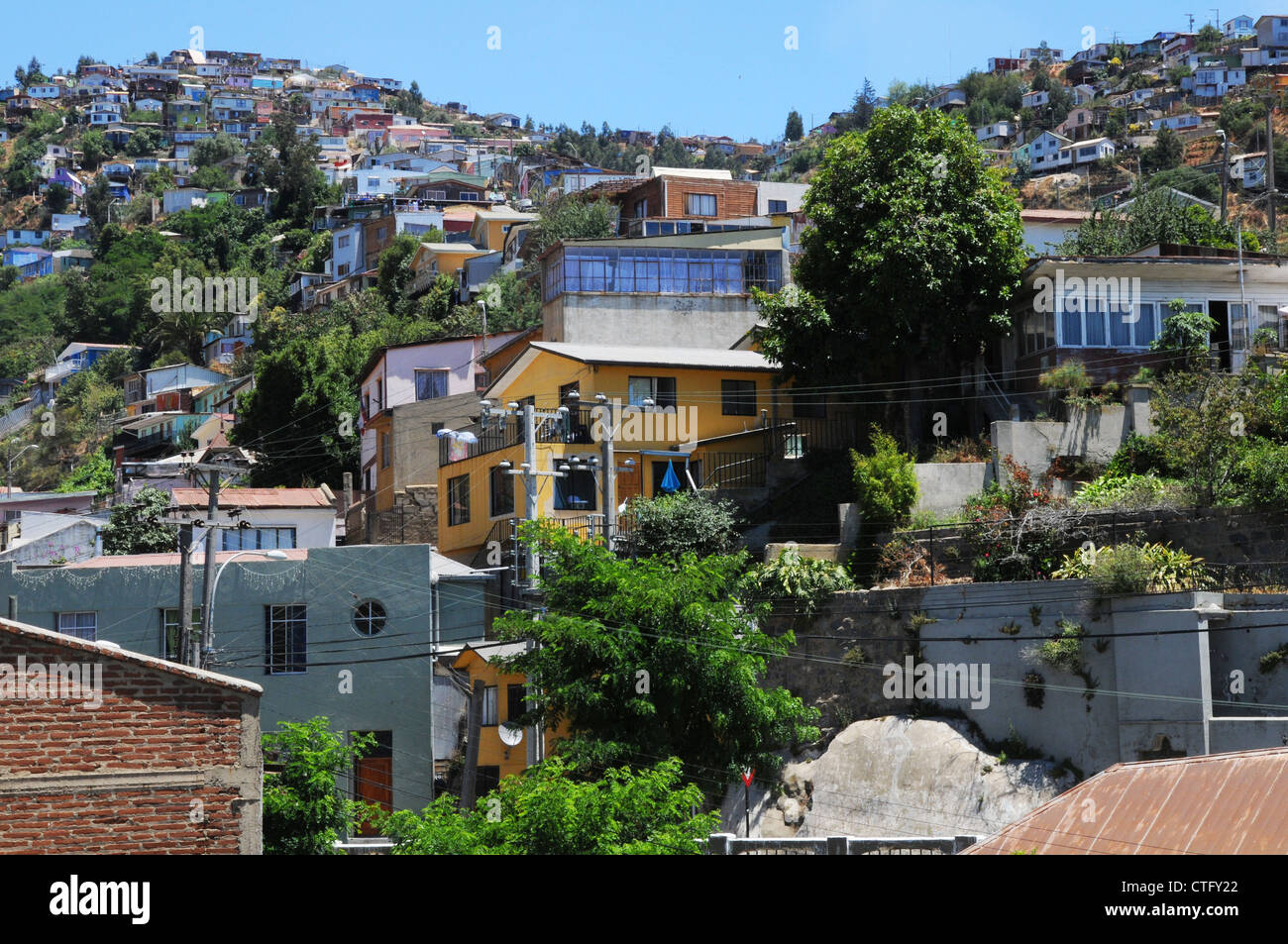 Colorful houses on hillside above Valparaiso, Chile. Stock Photo