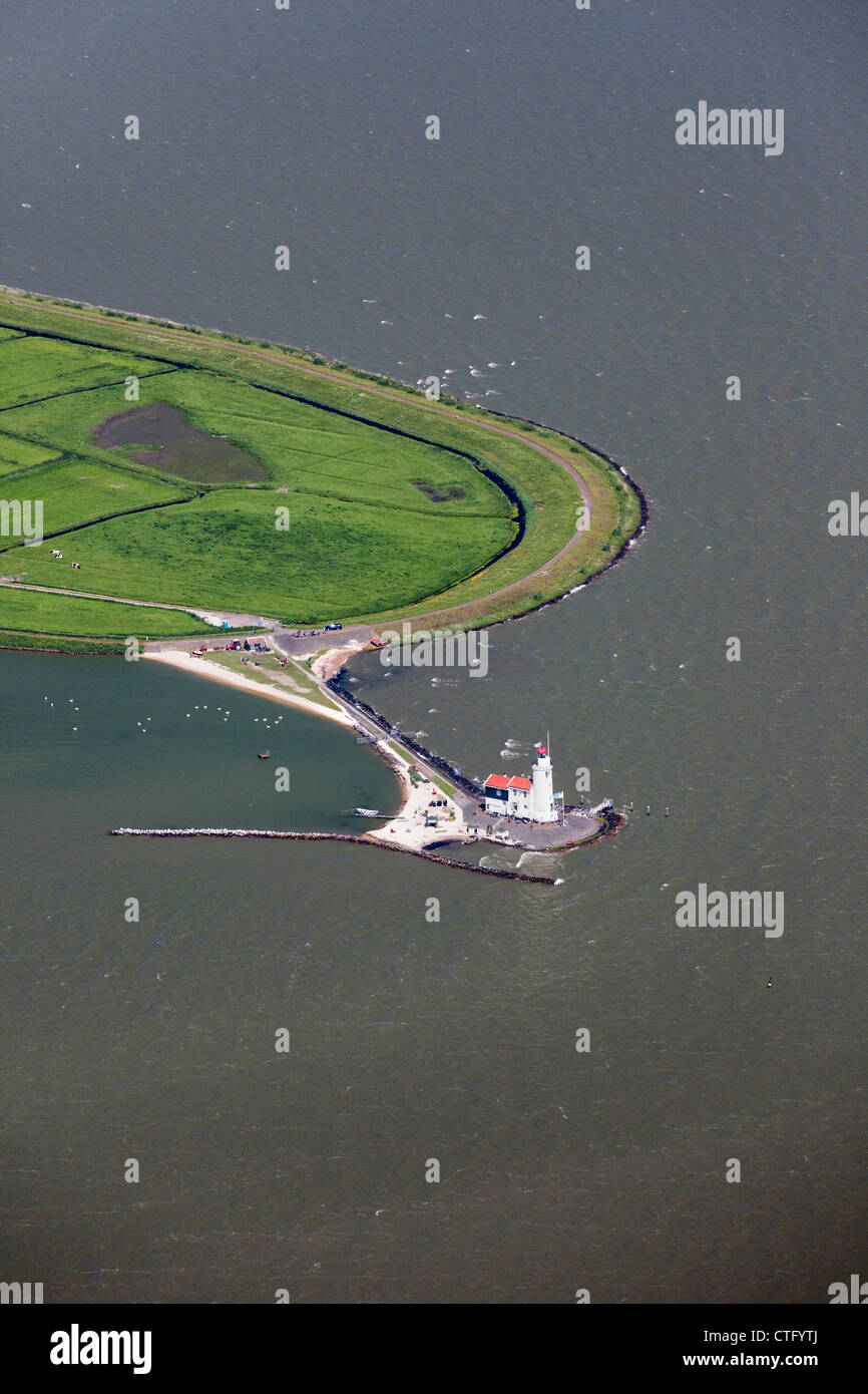 The Netherlands, Marken Aerial of island and lighthouse called Paard van Marken (Horse of Marken). Stock Photo
