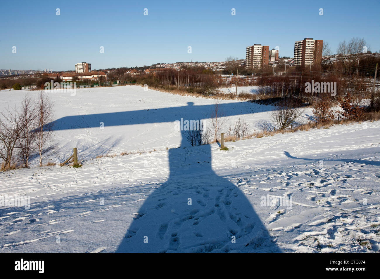 Shadow of the Angel of the North on snow, Gateshead Stock Photo