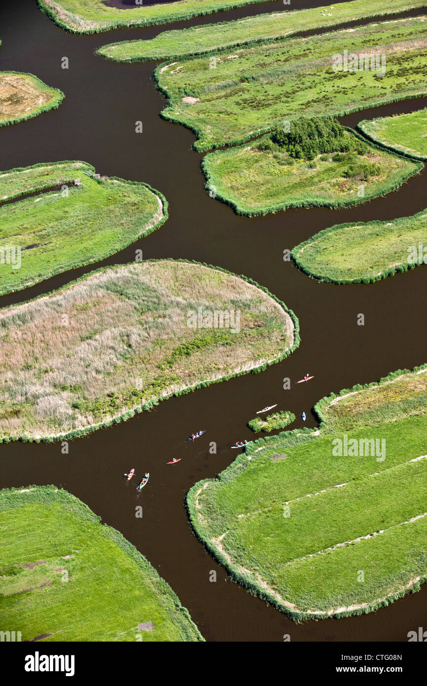 The Netherlands, Jisp, Aerial, Polder landscape. Canoes. Stock Photo
