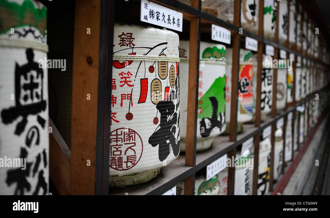Sake barrels are pictured outside a temple in Tokyo, Japan Stock Photo