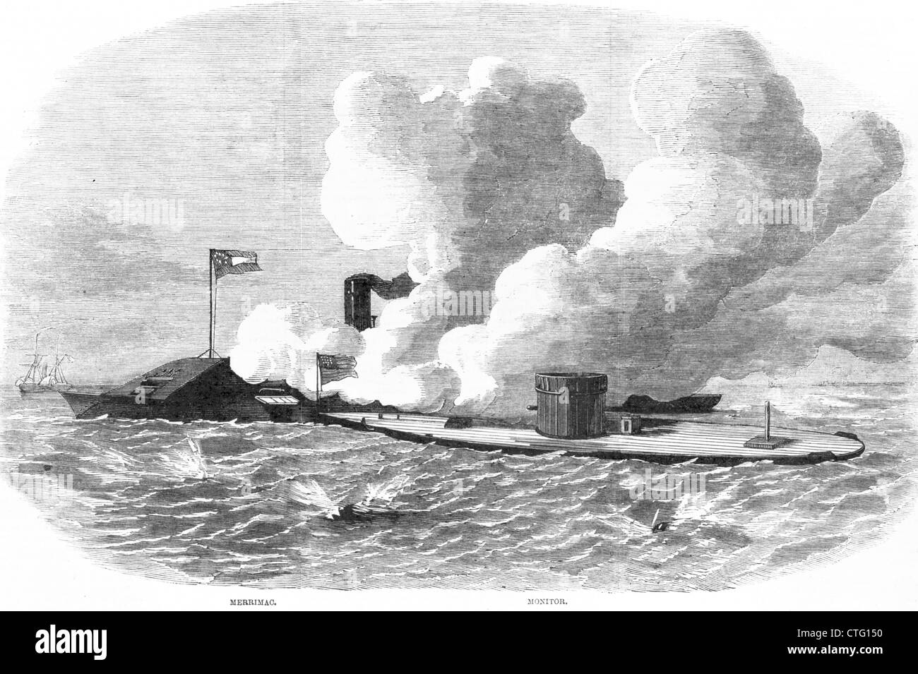 1860s MARCH 8,9 1862 BATTLE OF HAMPTON ROADS FIGHT BETWEEN FEDERAL MONITOR AND CONFEDERATE MERRIMAC FIRST IRONCLAD NAVAL BATTLE Stock Photo