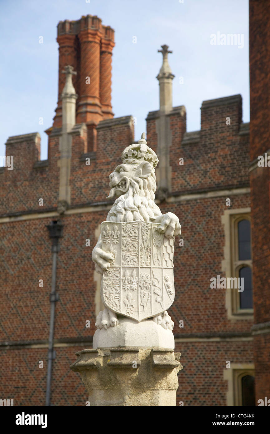 Heraldic Statue at the main entrance of Hampton Court Palace, London, Surrey, England, UK, United Kingdom, GB, Great Britain, Stock Photo