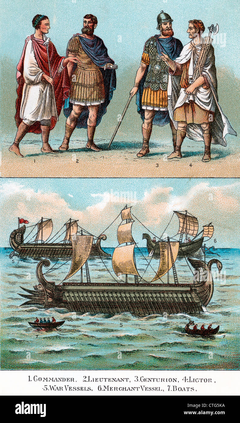 OFFICERS AND SHIPS OF ANCIENT ROMAN EMPIRE COMMANDER LIEUTENANT CENTURION LICTOR WAR & MERCHANT SHIPS & GALLEYS Stock Photo
