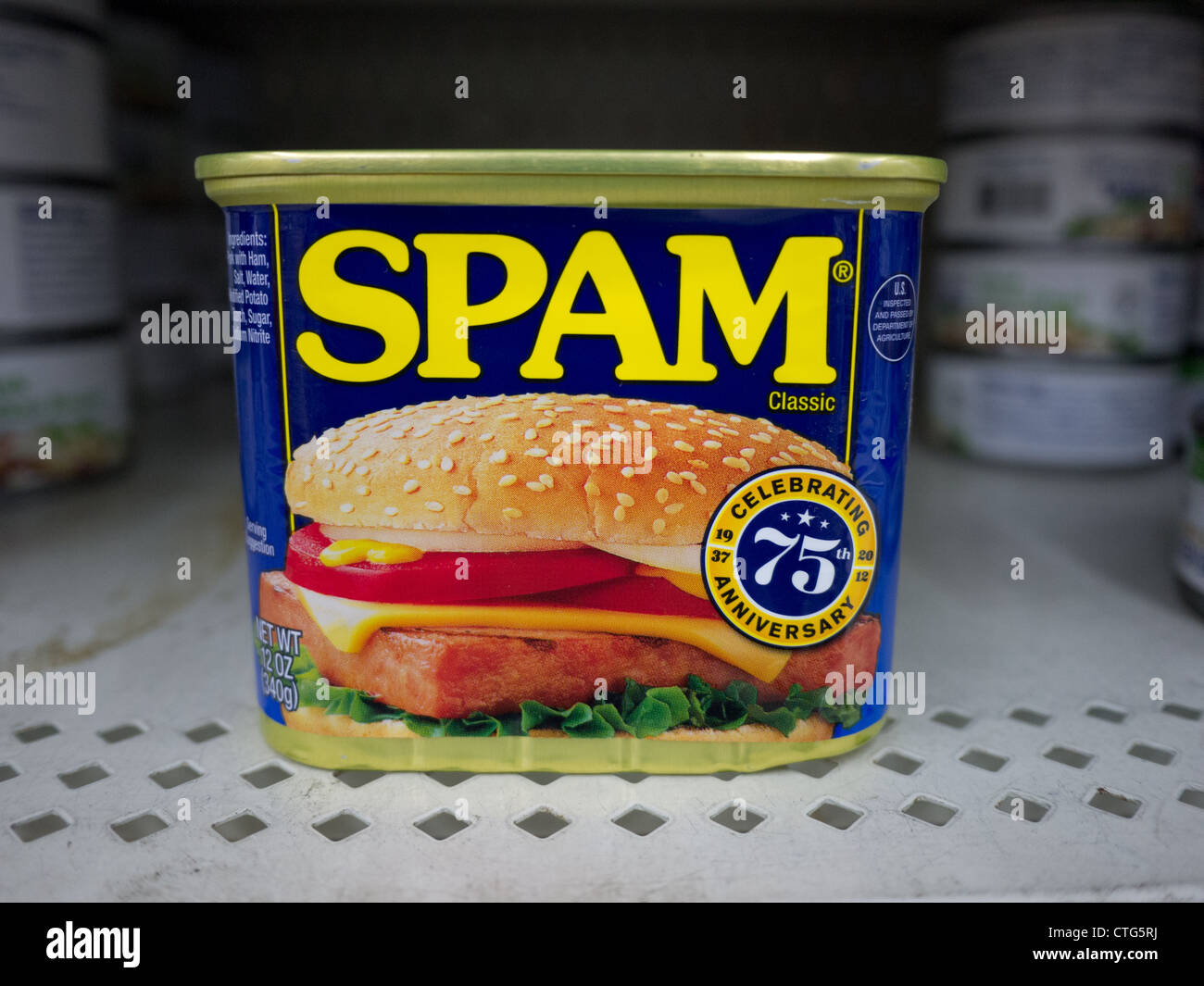 spam can canned food shelve Stock Photo