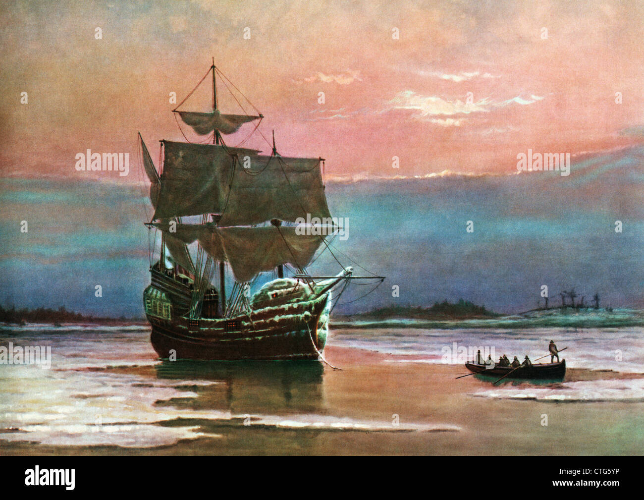 PAINTING OF THE SHIP THE MAYFLOWER 1620 IN PLYMOUTH HARBOR BY WILLIAM HALSALL PILGRIMS TRANSPORT Stock Photo