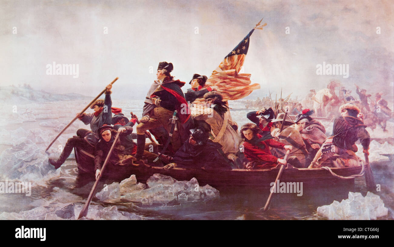 WASHINGTON CROSSING THE DELAWARE ART BY EMANUEL LEUTZE DECEMBER 25 1776 TROOPS IN BOATS SURPRISE THE ENEMY IN TRENTON Stock Photo