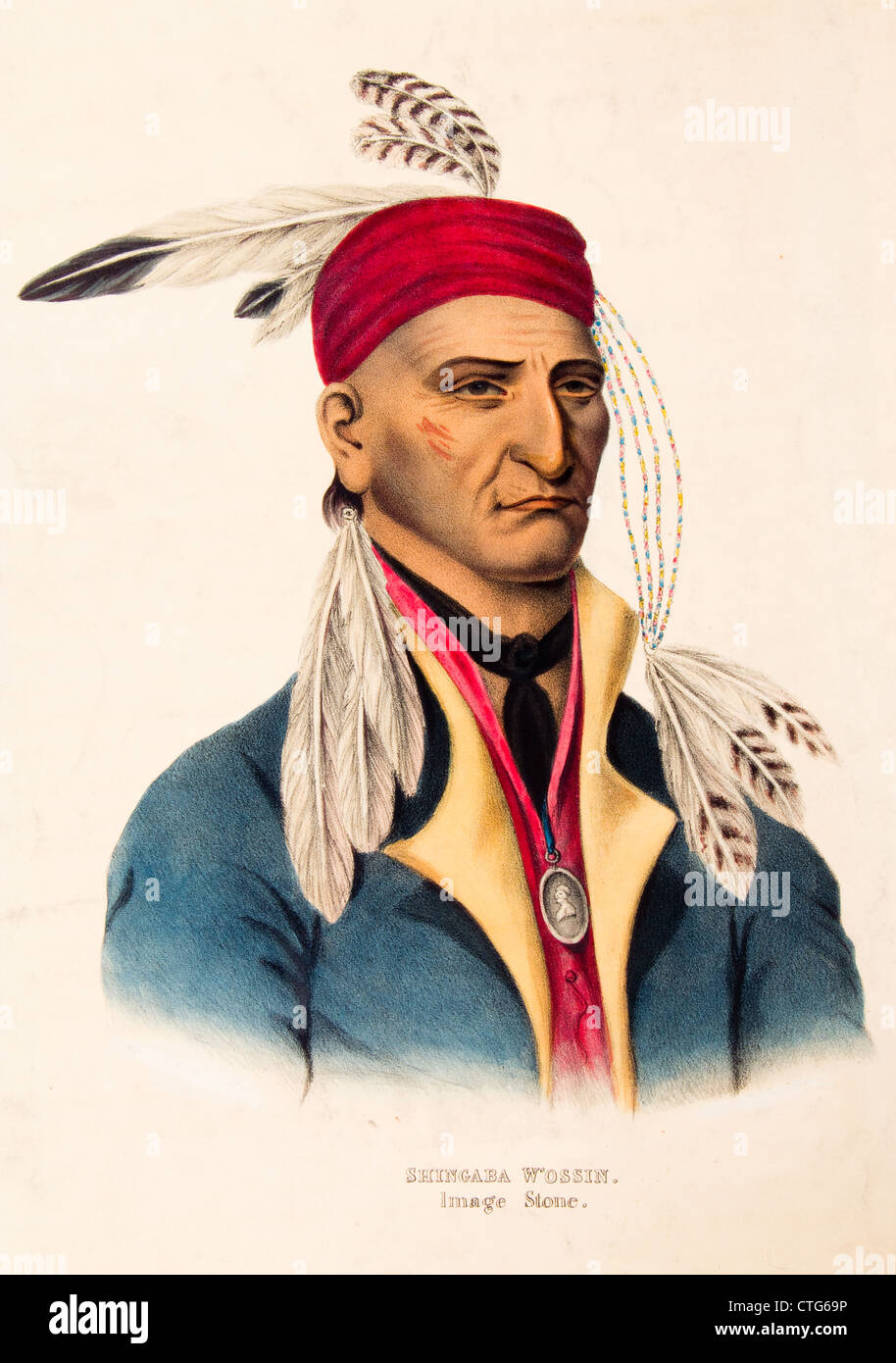 1800s PORTRAIT OF CHIPPEWA CHIEF IMAGE STONE OR SHINGABA W'OSSIN SIDED WITH THE BRITISH IN WAR OF 1812 Stock Photo