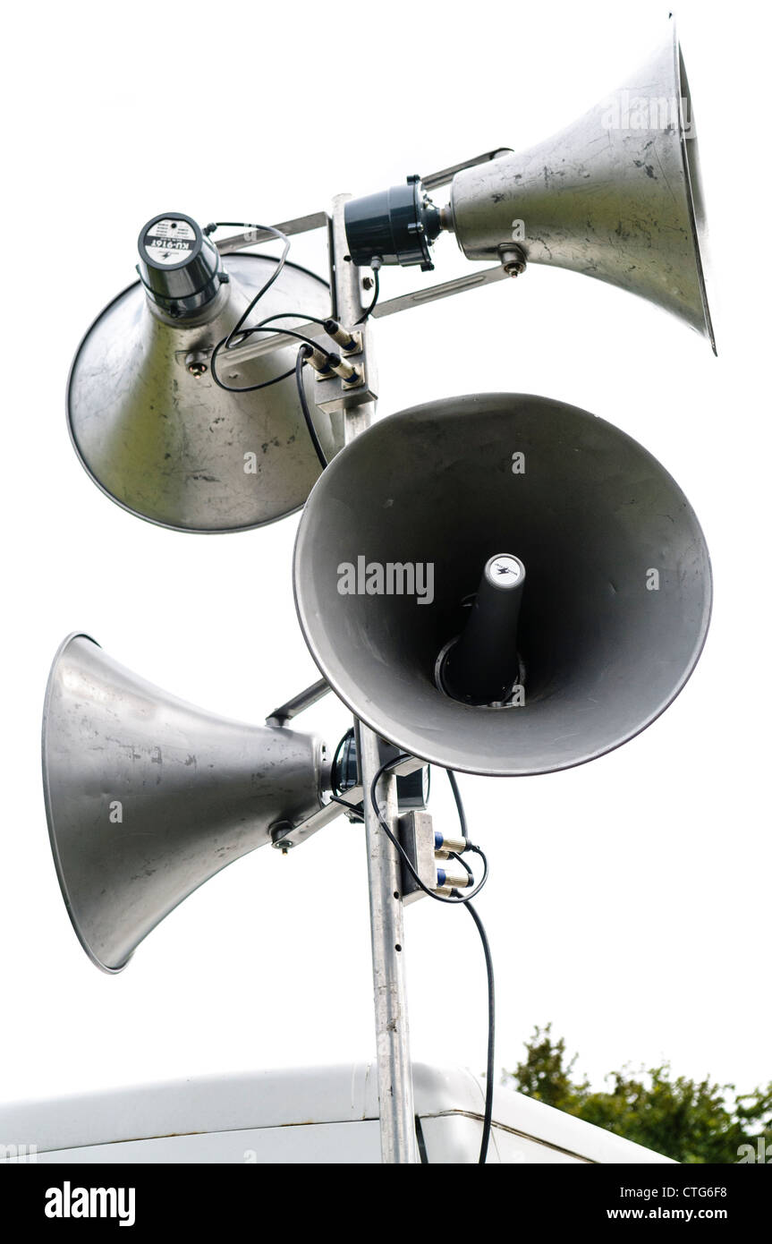 Set of microphone megaphone speakers at an outdoor event Stock Photo