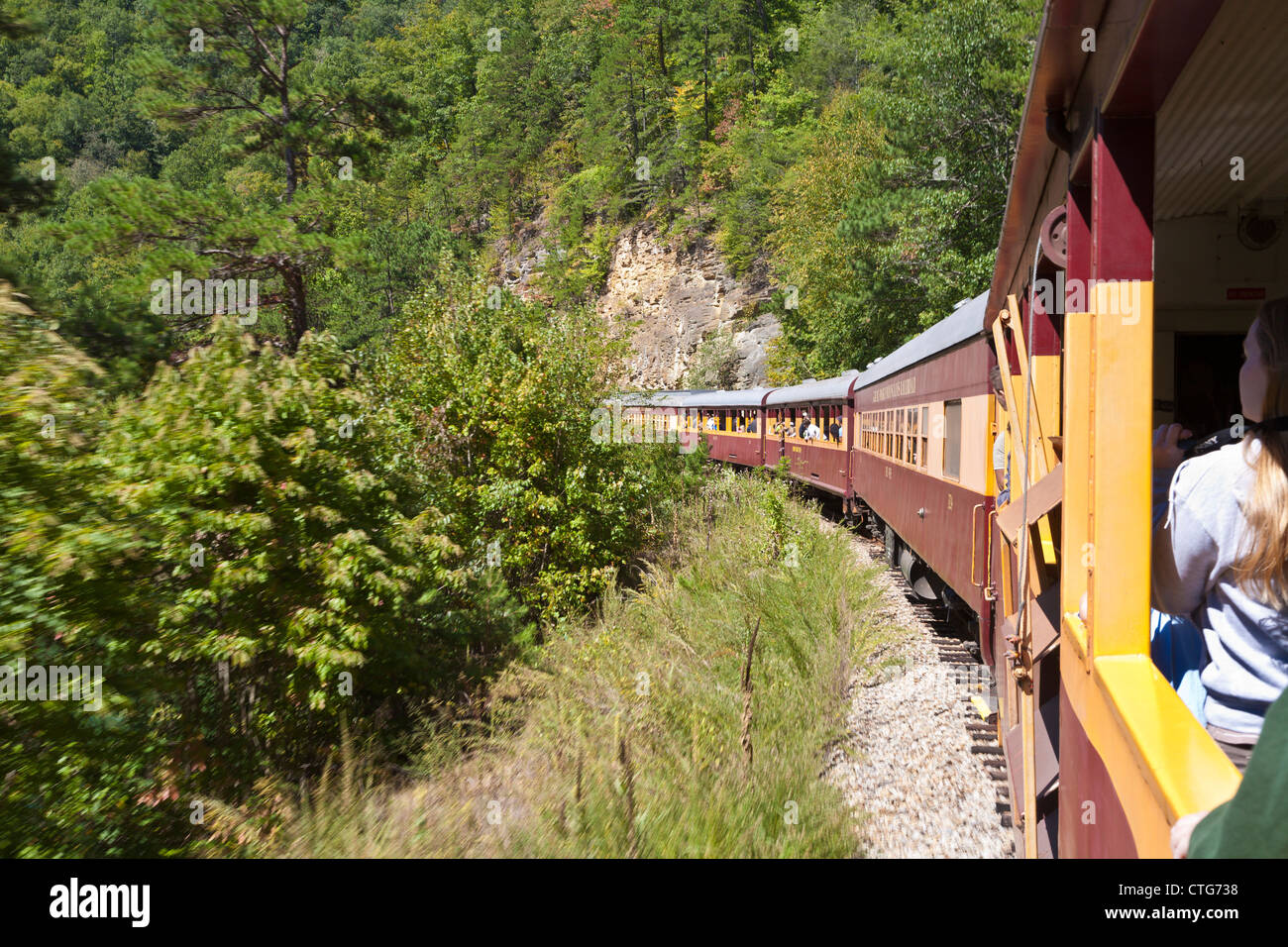 Great Smokey Mountain Railway train winding through mountains of North Carolina Stock Photo