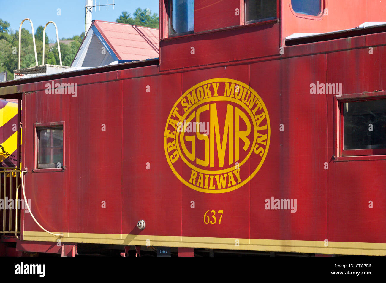 Red Great Smoky Mountain Railway caboose at the station in Bryson City, North Carolina Stock Photo