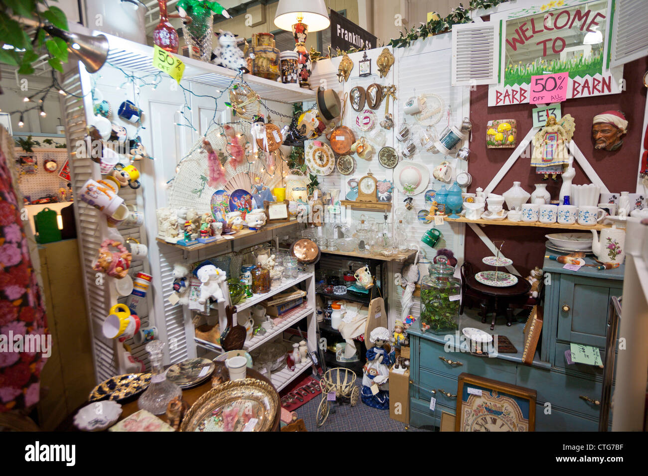 Antiques and collectables for sale in a booth inside the Whistle Stop