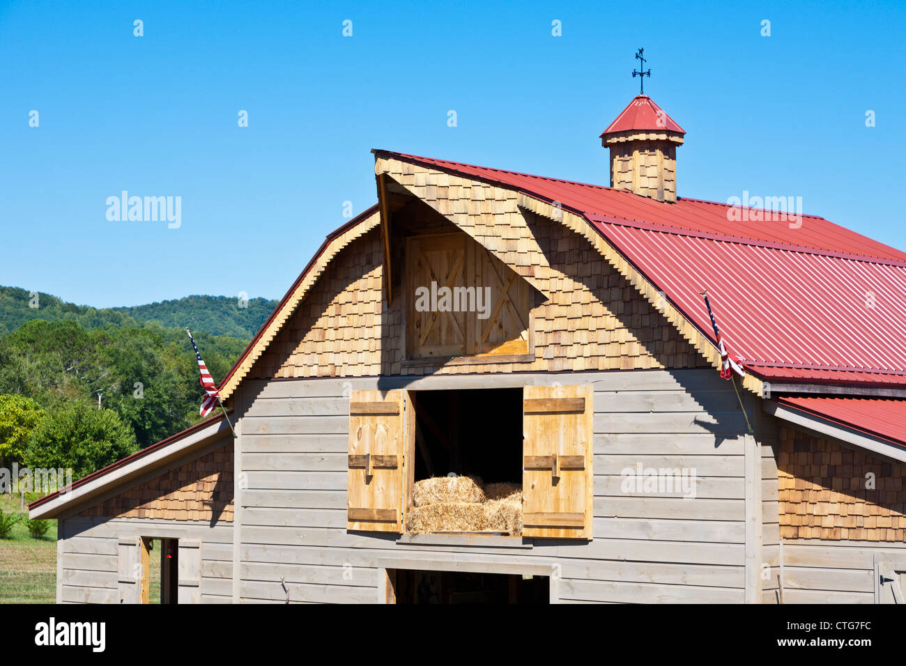 Hay loft of red roof barn on rural farm near Franklin, North Carolina Stock Photo