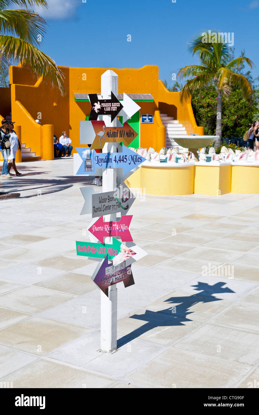 Signs in shopping plaza at Half Moon Cay, Bahamas gives distance to
