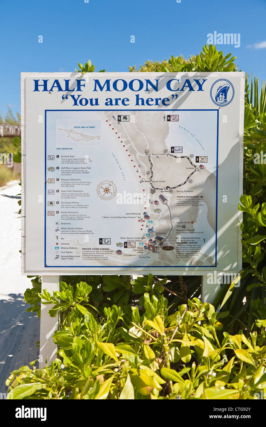 Sign shows tourist map of Half Moon Cay, Bahamas Stock Photo