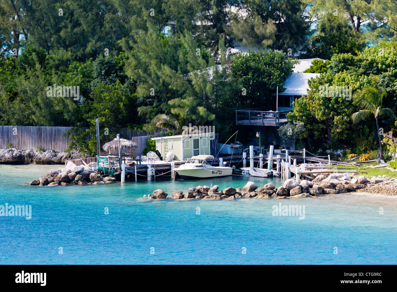 Private resort home with private dock and boat ramp on Paradise Island in Nassau, Bahamas Stock Photo