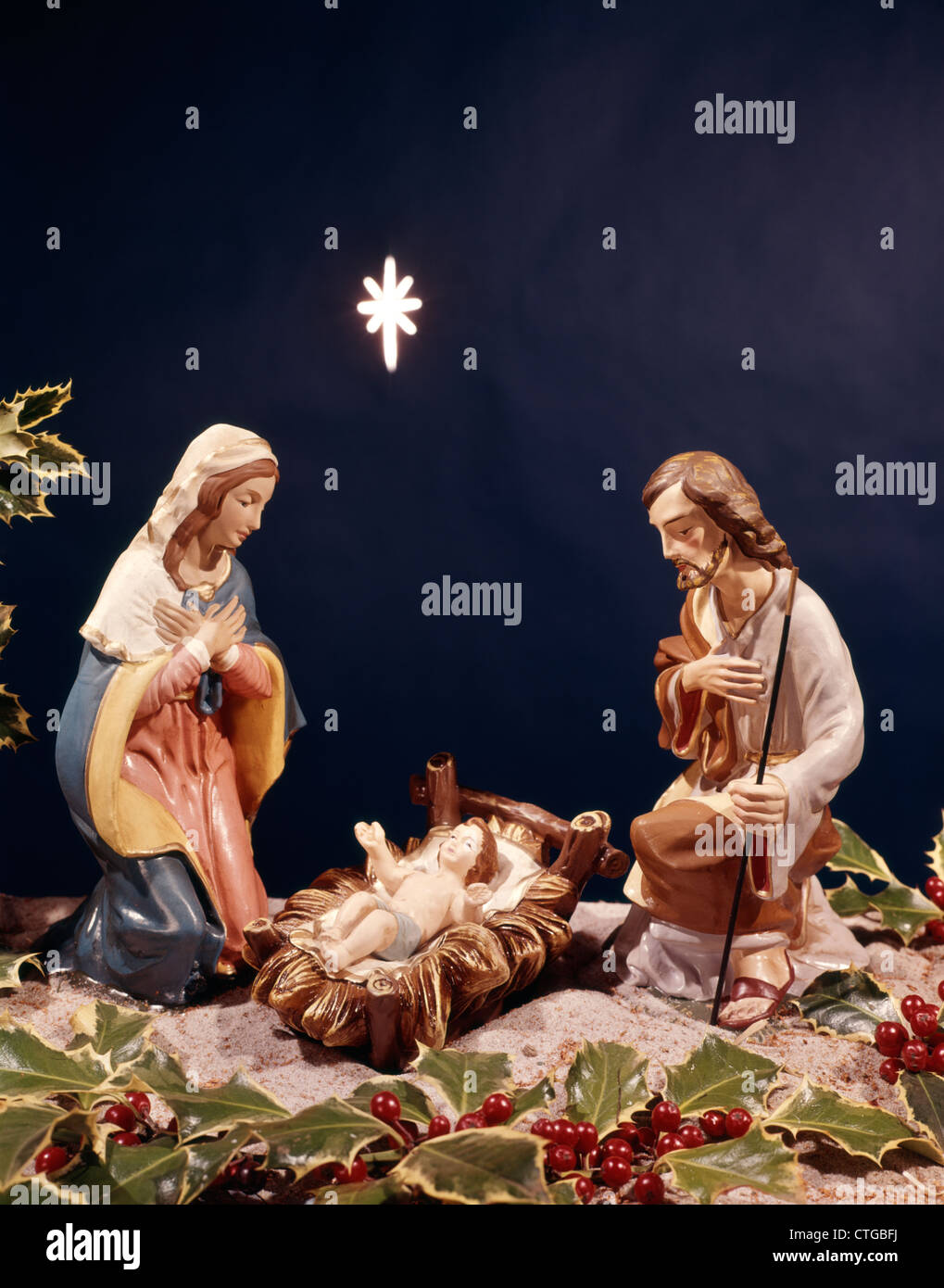 NATIVITY STAR BABY JESUS IN MANAGER MARY JOSEPH Stock Photo