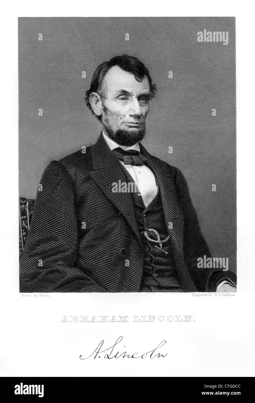 1800s 1860s 1865 PORTRAIT OF ABRAHAM LINCOLN FROM A PHOTO BY BRADY WITH LINCOLN SIGNATURE Stock Photo