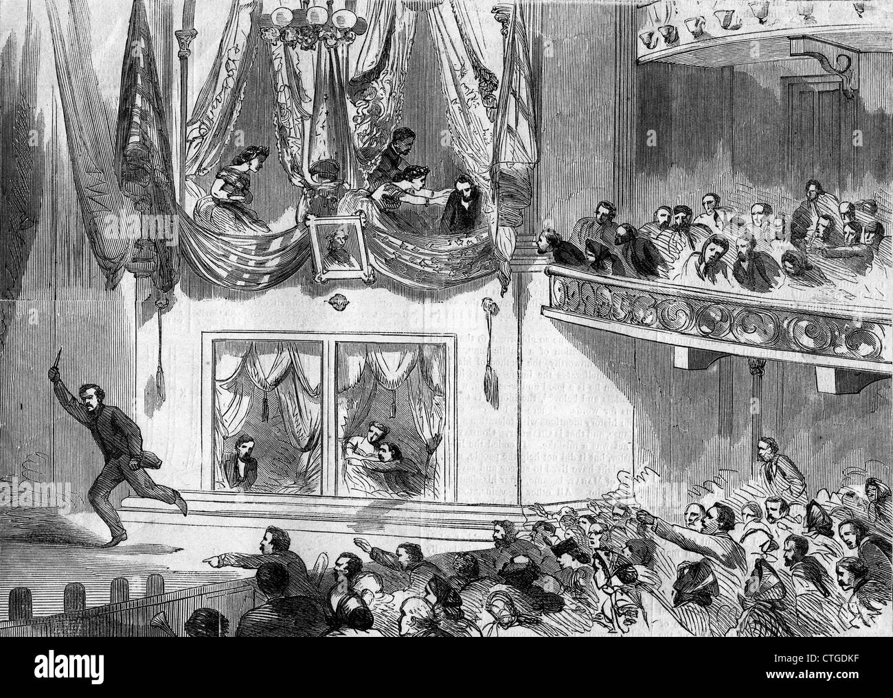 1860s APRIL 15 1865 ASSASSINATION OF PRESIDENT LINCOLN AT FORD'S THEATER JOHN WILKES BOOTH FLEEING SHOUTING SIC SEMPER TYRANNIS Stock Photo