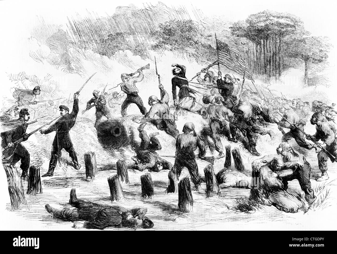 1860s FEBRUARY 8 1862 AMERICAN CIVIL WAR GENERAL BURNSIDES EXPEDITION TAKING ROANOKE ISLAND AT BAYONET POINT Stock Photo