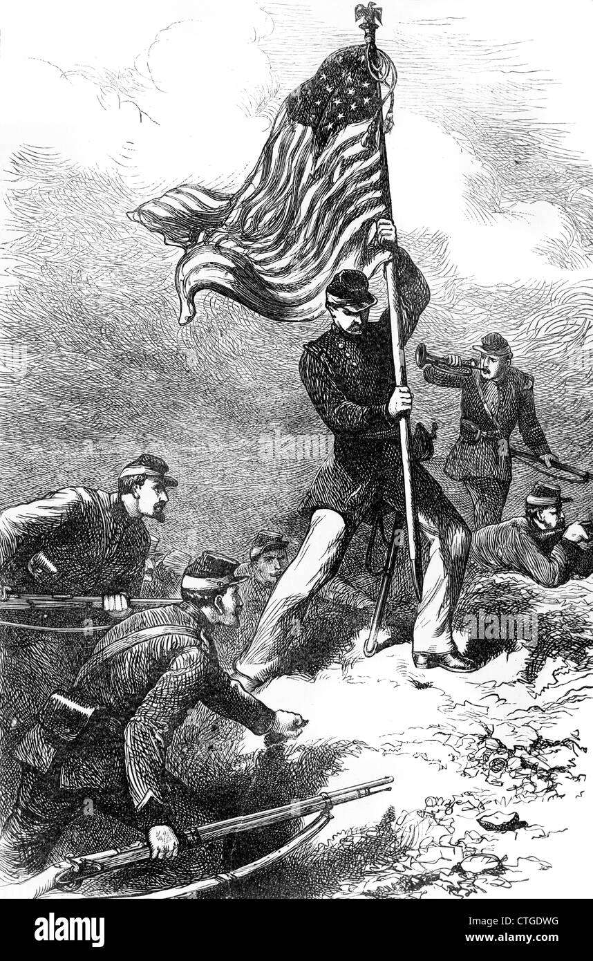 1800s 1860s 1863 INCIDENT AT THE SIEGE OF VICKSBURG MISSISSIPPI RAISING THE FEDERAL UNION FLAG Stock Photo